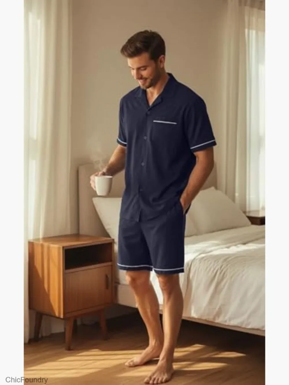 Men's Pajamas Set Short Sleeve Sleepwear Lightweight Two-Piece with Pockets